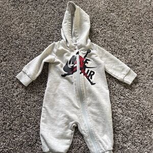 Jordan Gray Hooded Baby One-Piece with Black and Red Logo